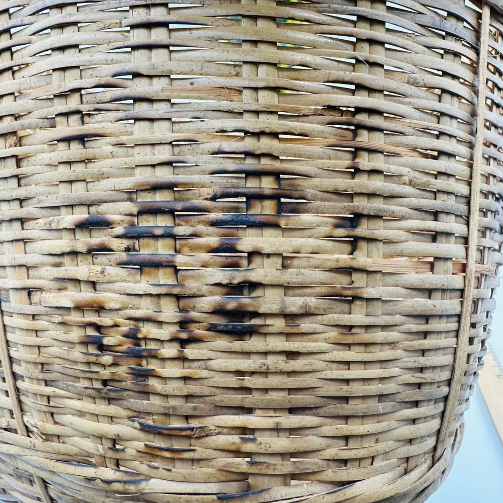 Vintage Bamboo Woven Basket with Handles Square Base Round Top Asian Boho